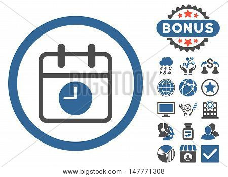 Date and Time icon with bonus pictogram. Vector illustration style is flat iconic bicolor symbols, cobalt and gray colors, white background.