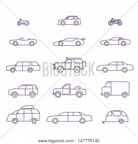 Car types outline icons vector set. 15 items