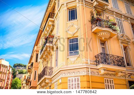 Beautiful old architecture style of residential buildings in the old city center in Monte Carlo in Monaco