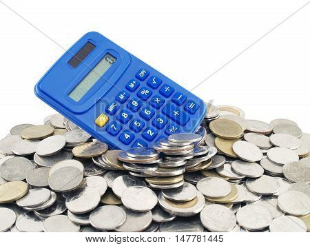 blue plastic calculator with zero number on screen on pile of thai baht coins isolated on white background, business banking or financial investment concept, closeup with copy space