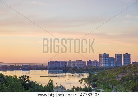 Sayran lake in Almaty city evening time Kazakhstan