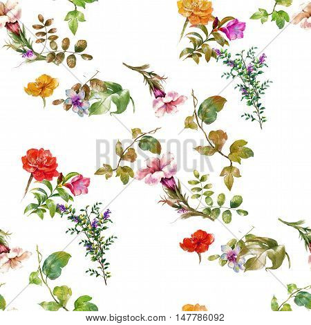 Watercolor painting of leaf and flowers seamless pattern on white background