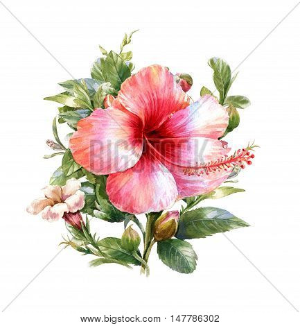 watercolor painting of leaves and flower on white background