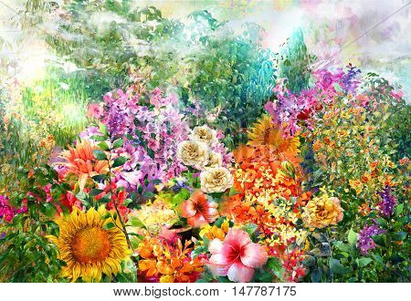 Abstract flowers watercolor painting. Spring multicolored flowers