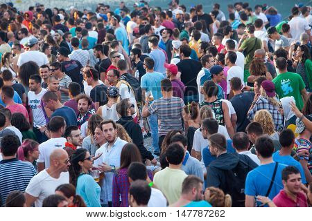 BUDVA- JULY 18 : CROWD IN FRONT OF THE DANCE PARADISO STAGE MORNING SESSION AT BEACH AT SEA DANCE FESTIVAL 2015 MUSIC FESTIVAL JULY 18 2015 IN BUDVA JAZ BEACH MONTENEGRO