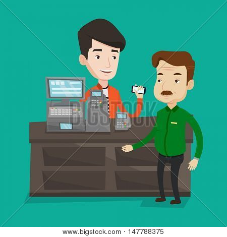 Man paying wireless with his smartphone at the supermarket checkout . Customer making payment for purchase with smartphone. Cashier accepting payment. Vector flat design illustration. Square layout.