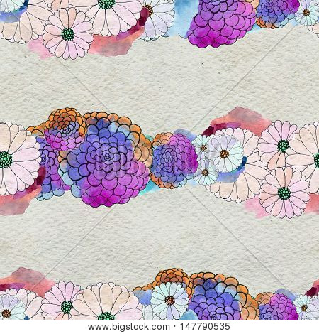 Seamless floral pattern with asters and daisy garlands of flowers. Floral watercolor background.