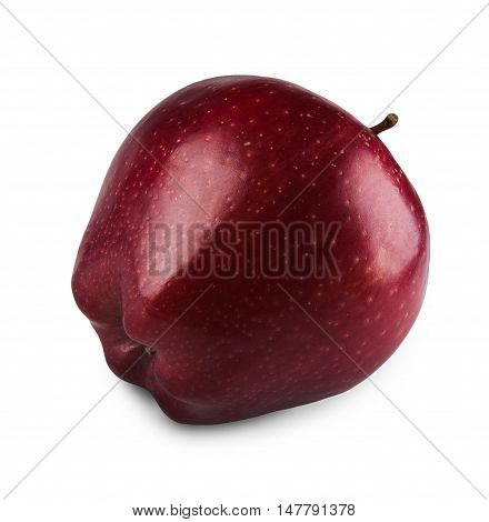 One ripe fresh bright purplish glossy red apple isolated on white background. Closeup image of sweet fruit, healthy natural organic food