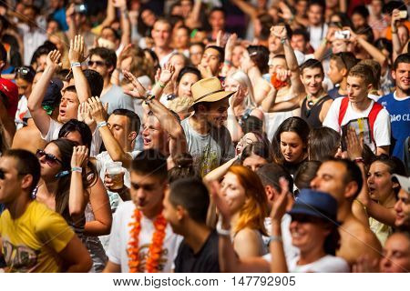 BUDVA- JULY 19 : CROWD IN FRONT OF THE DANCE PARADISO STAGE AT SEA DANCE FESTIVAL 2015 MUSIC FESTIVAL JULY 19 2015 IN BUDVA JAZ BEACH MONTENEGRO
