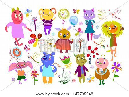 Set of Monsters, Flowers, Butterflies, Dragonflies. Funny Cartoon fantastic creatures. Cute fabulous incredible characters for children's design collection. Big bundle elements isolated on white.