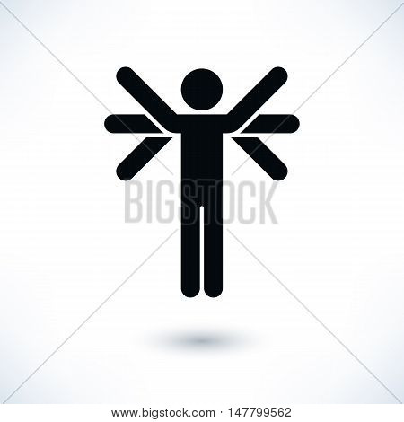 Logotype people black man figure with many hands in flat style. Simple silhouette sign with gray shadow isolated on white background. Graphic design elements in vector illustration 8 eps
