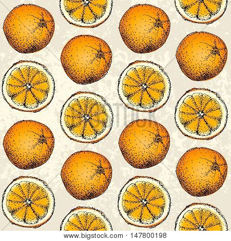 Seamless background pattern. Sketches of a orange on a grunge background