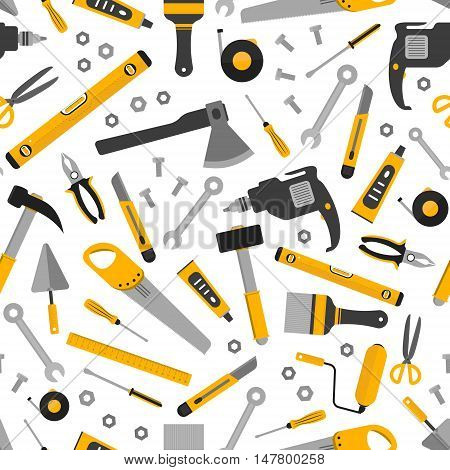 Flat working home tools pattern. Construction and home repair instruments. Hand drill glue screwdriver saw and pliers level hammer and scissors. Vector
