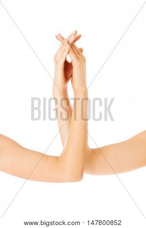 Hands of woman holding together