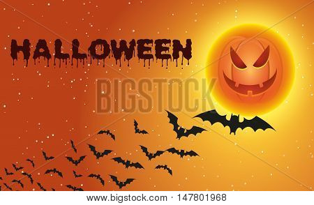 Halloween background with flying bats over full pumpkin moon. Vector illustration