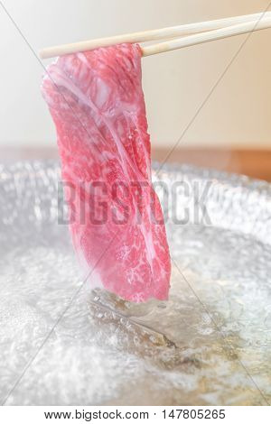 Beef Wagyu A5 Shabu shabu with steam, Groumet Japanese hot pot cuisine