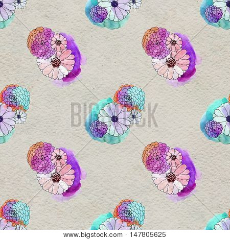 Seamless floral pattern with asters and daisy flowers. Floral watercolor background.