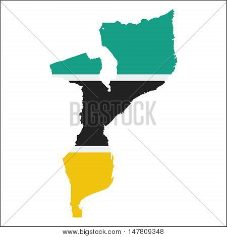 Mozambique High Resolution Map With National Flag. Flag Of The Country Overlaid On Detailed Outline