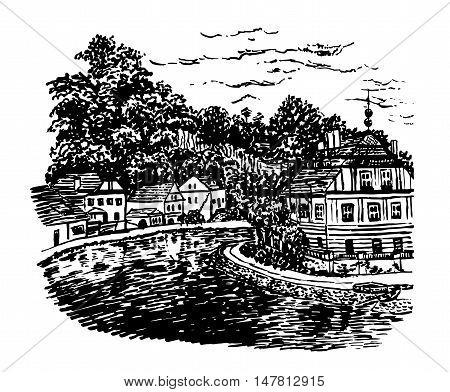 drawing background landscape view of the Vltava river and buildings in Cesky Krumlov, Czech Republic, sketch hand drawn vector illustration