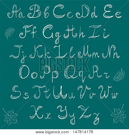 Hand Drawn Doodle Font and Leaves.Chalk Scribble Alphabet on Green Background. Vector Illustration.