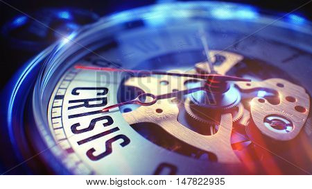 Business Concept: Crisis Wording. on Pocket Watch Face with Close View of Watch Mechanism. Time Concept with Selective Focus and Film Effect. 3D.
