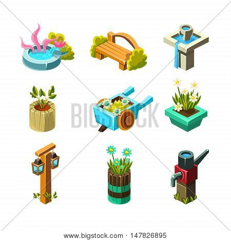 Video Game Garden Landscape Design Collection Of Elements In Cute Vector Childish Style Isolated On White Background