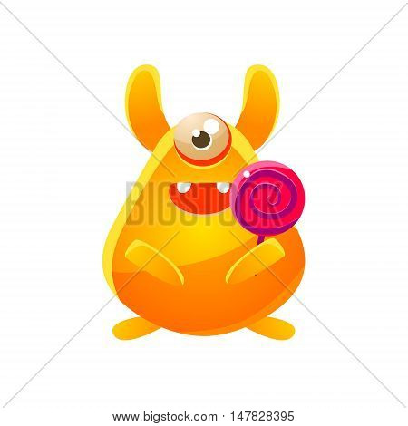 Yellow Toy Monster With Candy Cute Childish Illustration. Cartoon Colorful Alien Character With Party Attribute Isolated On White Background.