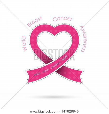 Pink heart ribon sign.Breast cancer awareness logo design.Breast cancer awareness month icon.Realistic pink ribbon logo.Pink care logo.Vector illustration