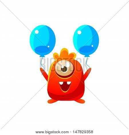 Red Toy Monster With Two Balloons Cute Childish Illustration. Cartoon Colorful Alien Character With Party Attribute Isolated On White Background.