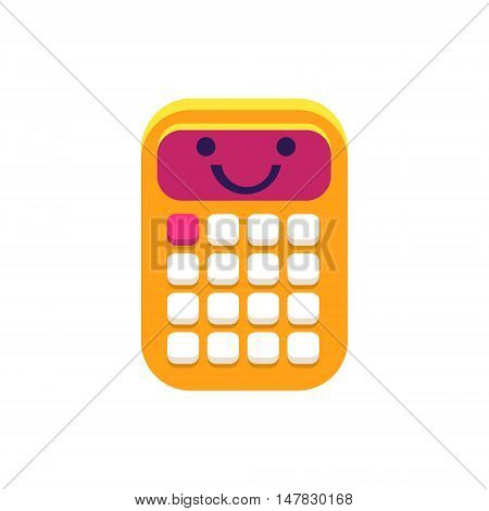 Calculator Primitive Icon With Smiley Face. Office Or School Desk Supply Sticker In Simplified Childish Cartoon Vector Design Isolated On White Background