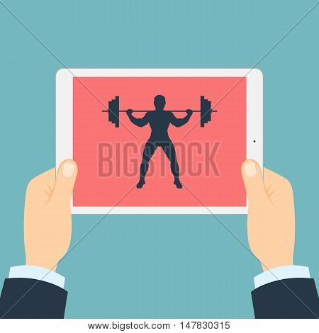 Fitness app for tablet. Weightlifter with barbell. Hands holding tablet. Bodybuilding app.