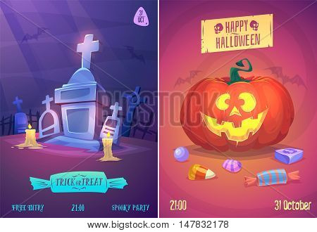 Halloween illustration cemetery with candles, pumpkin face and sweets . Vector set of happy halloween vintage badges, logos emblems and labels. Vector stock illustration.