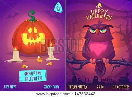 Halloween illustration owl on a tree branch in the cemetery and pumpkin with sweets. Vector set of happy halloween vintage badges, logos emblems and labels. Vector stock illustration.