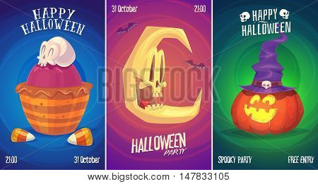 Halloween illustration witch skull moon. Vector set of happy halloween vintage badges, logos emblems and labels. Vector stock illustration.
