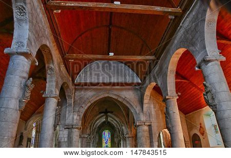 Saint Wandrille Rancon France - june 22 2016 : the stained glass window of Saint Michel church
