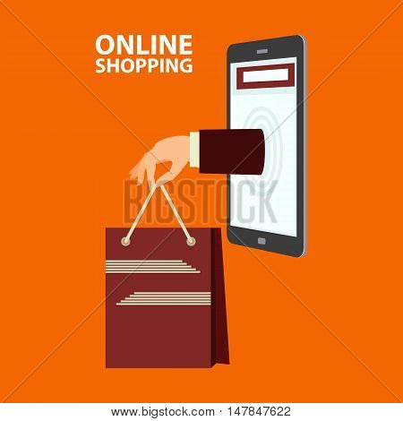 Hand delivers shopping bag with the purchased goods out from mobile phone. E-commerce internet shopping. Buying concept in flat style. Vector illustration easy to edit