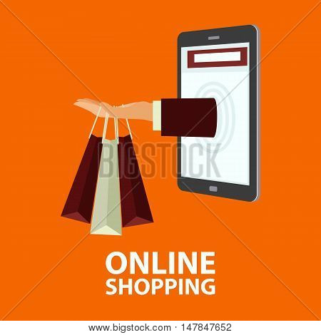 Hand delivers shopping bags with the purchased goods out from mobile phone. E-commerce online shopping buying internet concept in flat style. Vector illustration easy to edit
