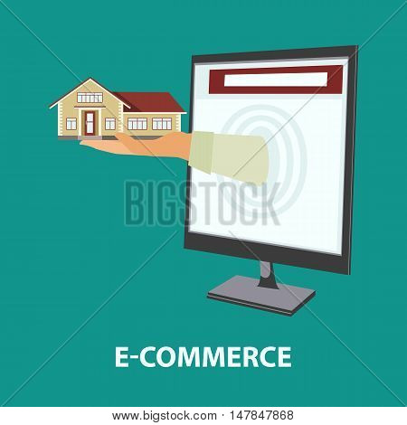 Hand delivers house out from monitor. E-commerce online shopping internet buying purchase and rental property concept. Vector illustration in flat style easy to edit