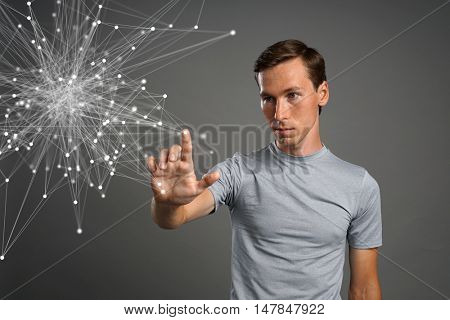 Man working with linked dots. Wireless connection concept.