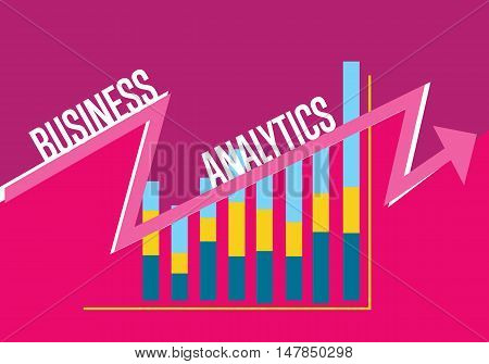 Business finance analytics banner with graphic report on perpl background. Vector illustration concept of analyzing financial indicators. Business growth, market research and strategy planning
