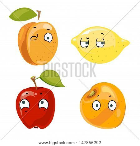 Peach lemon apple and orange faces. Happy characters, vector illustration