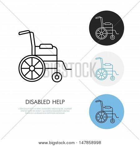 Modern vector line icon of wheelchair. Disabled people help linear logo. Outline symbol for handicapped. Special needs design element for site poster. Medical equipment business logotype street sign