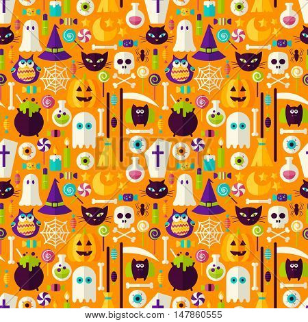 Halloween Holiday Seamless Background. Vector Illustration of Scary Party Flat Style Tile Pattern. Trick or Treat.