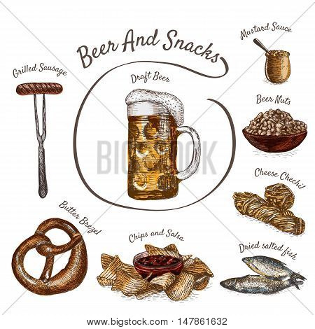 Beer and snack products illustration. Vector colorful illustration of beer and snack product