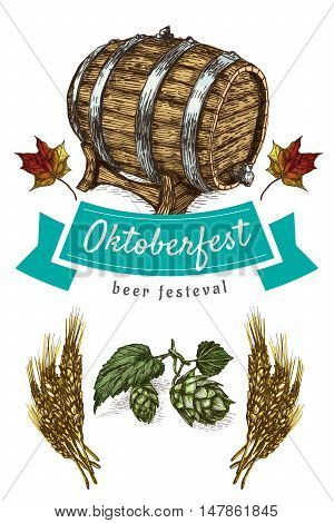 Oktoberfest set illustration. Vector colorful illustration of beer and snack products.