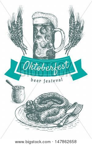 Oktoberfest set illustration. Vector illustration of beer and snack products.