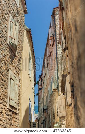 Old town street of Budva, Montenegro.