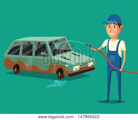 Car washing service. Vector cartoon illustration. Worker washing a car. Spraying water from the hose. Car wash specialist in uniform