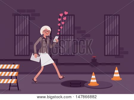 Woman walks with a smartphone to fall into a manhole. Cartoon vector flat-style concept illustration