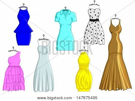 Set of different styles of dresses with names that are stylized in the hanger